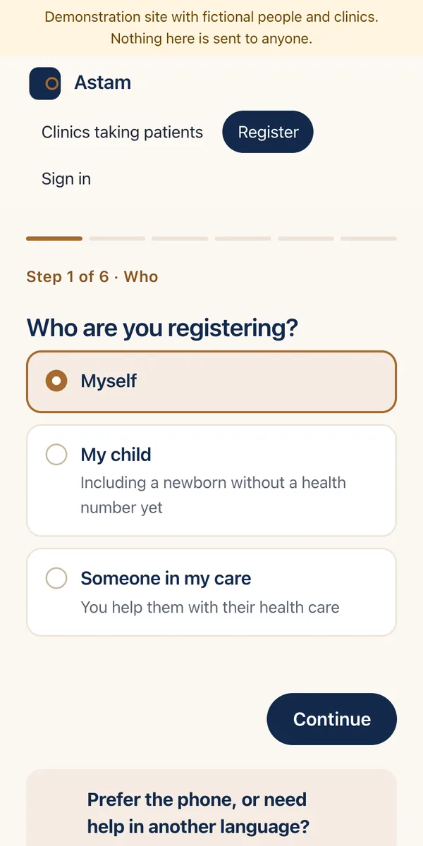 Astam registration on a phone: who are you registering, yourself, your child or someone in your care